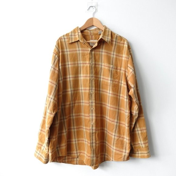 VINTAGE Plaid Shirt Mens XL Wool Mustard Button Down Boxy Windowpane USA VIYELLA